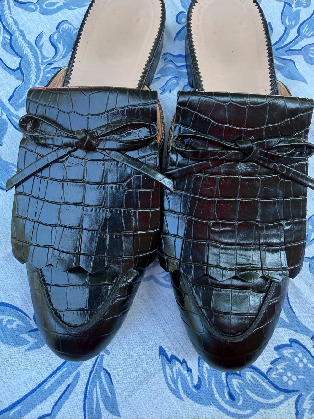 J Crew Womens Croc Embossed Leather Mules Size 7 Black Office Luxury Shoes - Picture 2 of 7
